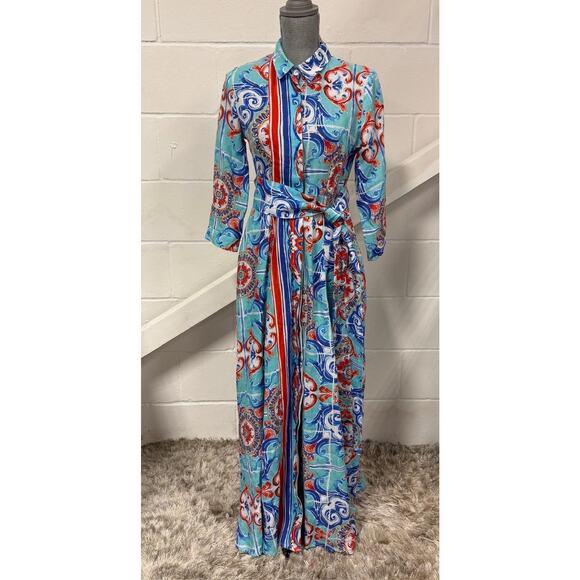 Marina St. Barth Red White Blue Print Linen Coastal Long Maxi Shirt Dress Small - Picture 1 of 16